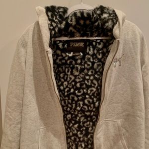 Victoria Secret Pink Grey Faux Fur Lined Zip Up